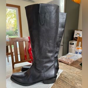 Leather navy knee high western boots